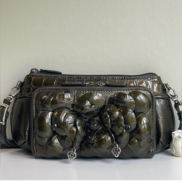 Brighton Handbags - Brighton Rosalie 3D Patent Flower Crossbody Shimmery Olive